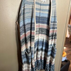 Liverpool Striped Sleeveless Knit Cardigan with Fringe
